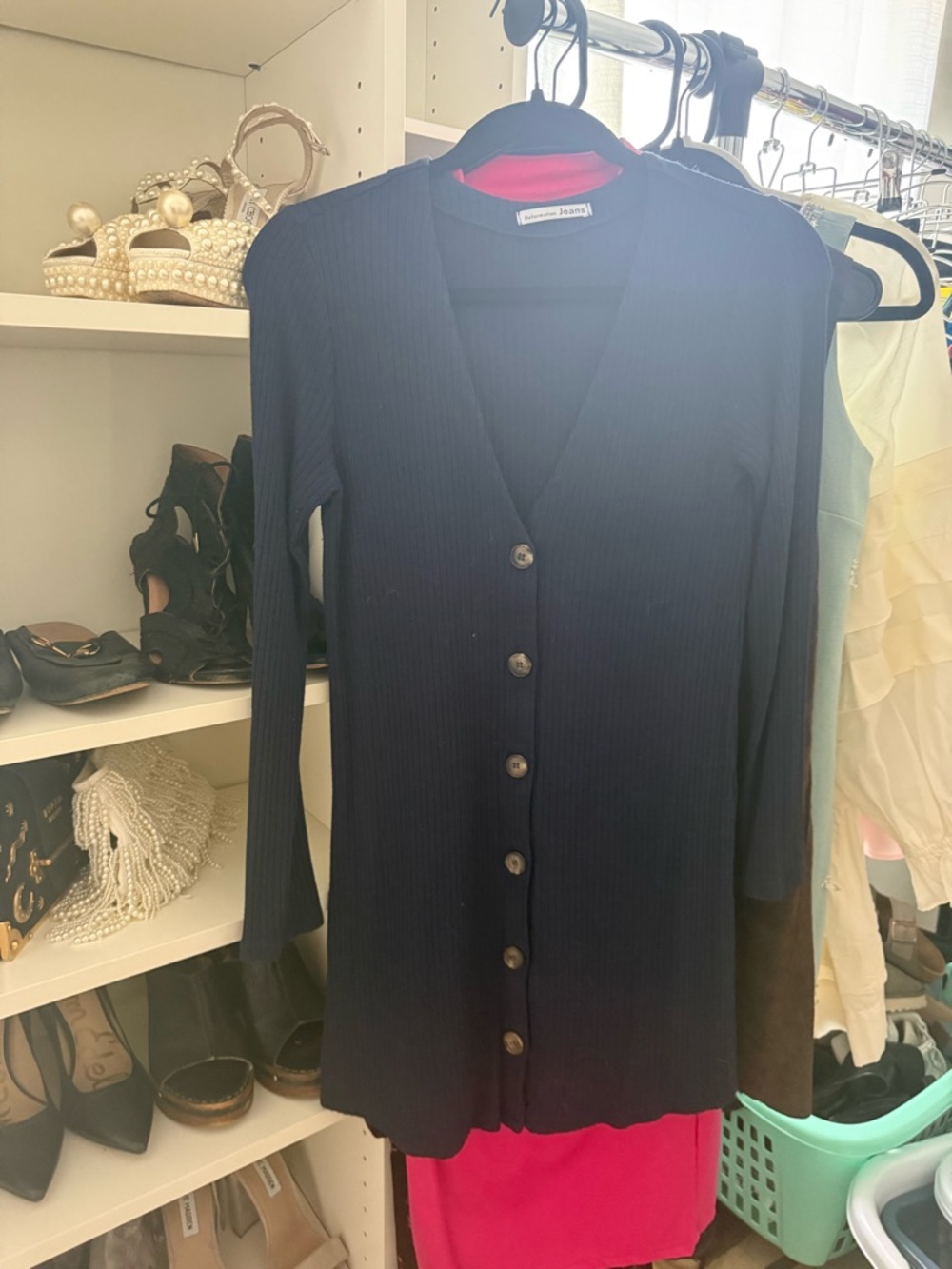 Reformation Navy Ribbed Button-Down Dress